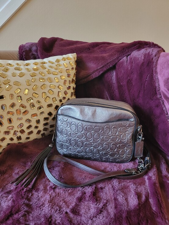 Coach Handbags - Coach Metallic Gray Embossed Signature Leather Crossbody Bag